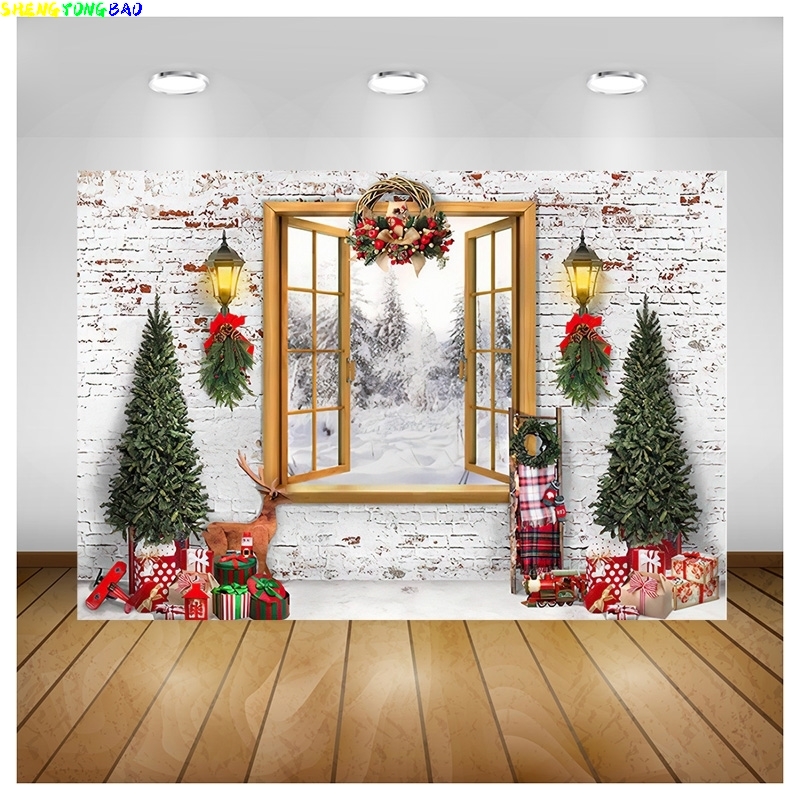 Photography Backdrop Muslin - Виниловый индивидуальный Рождественская елка, окно, венок,